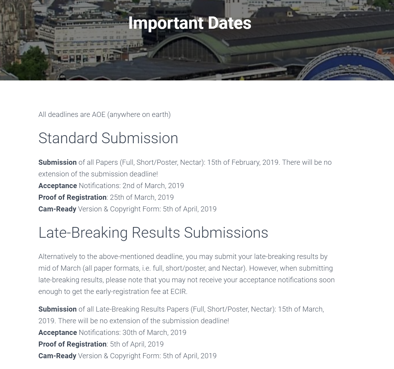 Important Dates Screenshot (AMIR Meta-Learning Information Retrieval 2019)